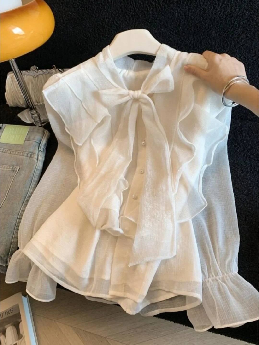 

Elegant Long Sleeve Chiffon Shirt for Women with Lace Hem And Knot Spring New Style Unique Beautiful Top