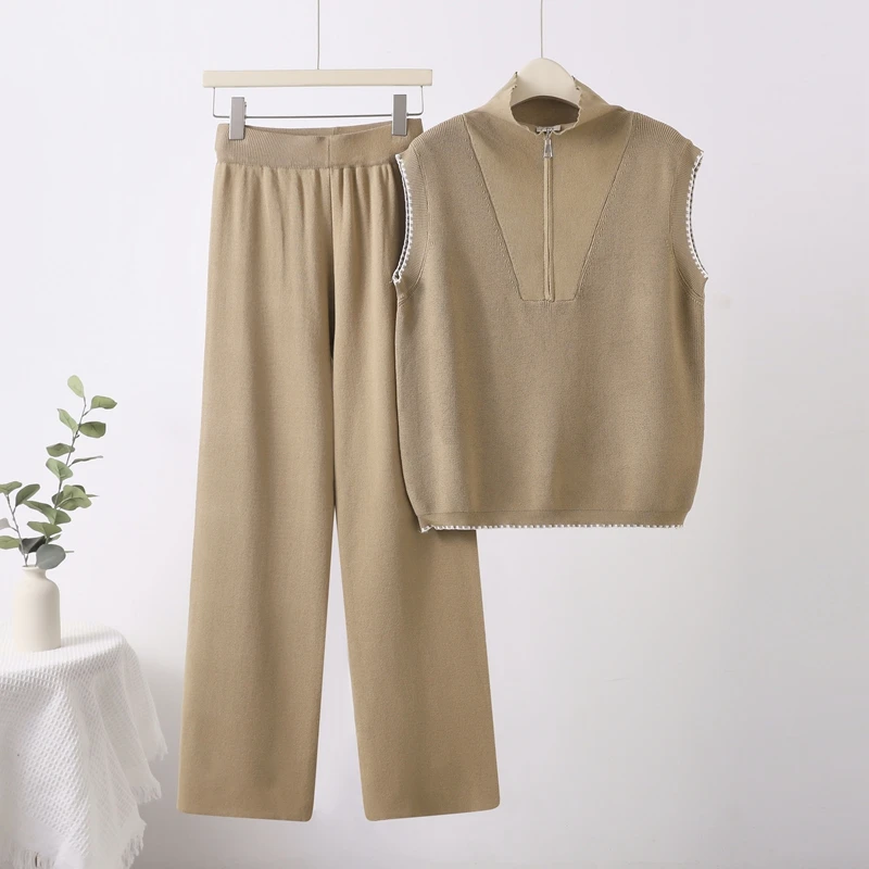 Summer Knit Sleeveless Sweatshirts Sets Women Casual Knitwear Tank Tshirts Suits High Waist Baggy Wide Leg Malhas Pants Conjunto