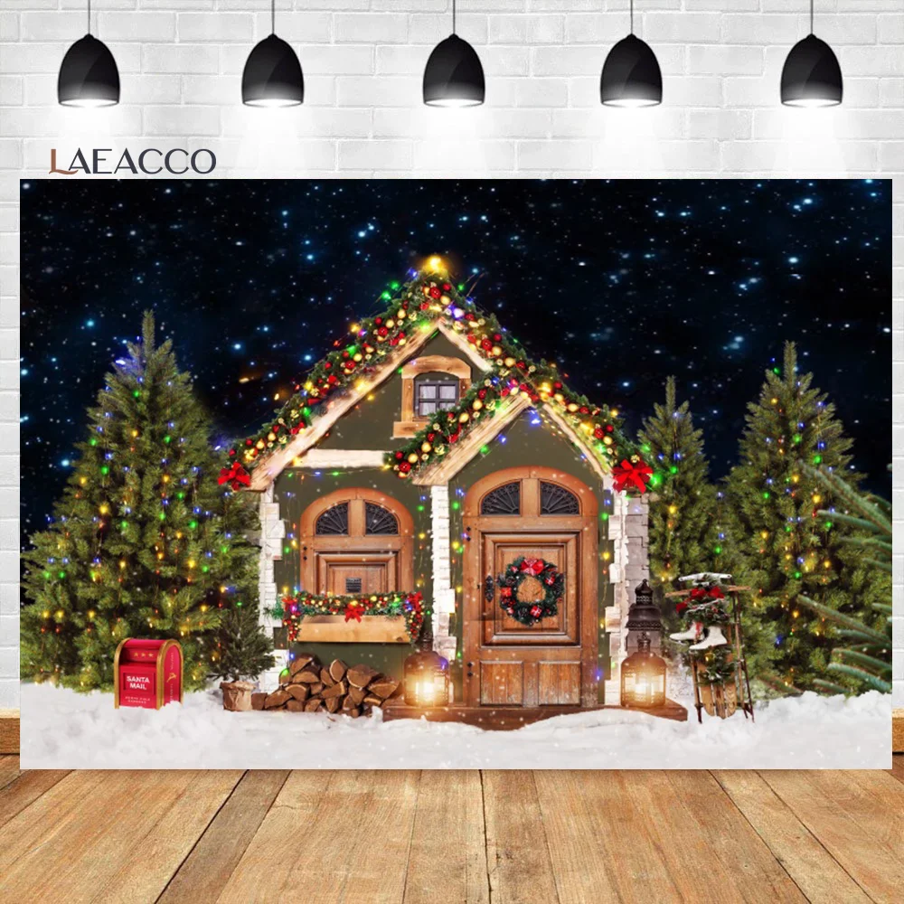 

Laeacco Christmas Photo Backdrop Winter Snowy Wooden House Glitter Pine NeedleTree Kids Newborn Portrait Photography Background