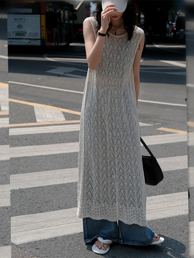 Vestido de punto para mujer, vestido de longitud media con diseño de abertura calada, novedad de verano, prendas de vestir ex...