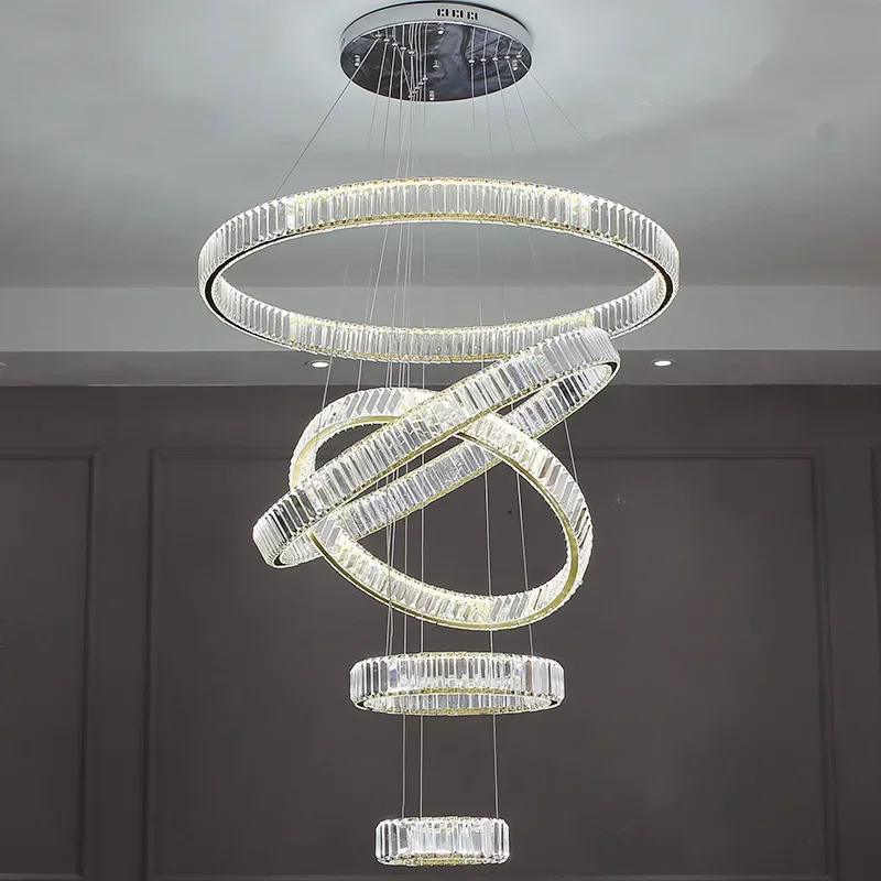 Modern Luxury Round Circle Chrome Gold Crystal Large Chandelier Lighting for Villa Staircase Cristal Living Room Restaurant Lamp