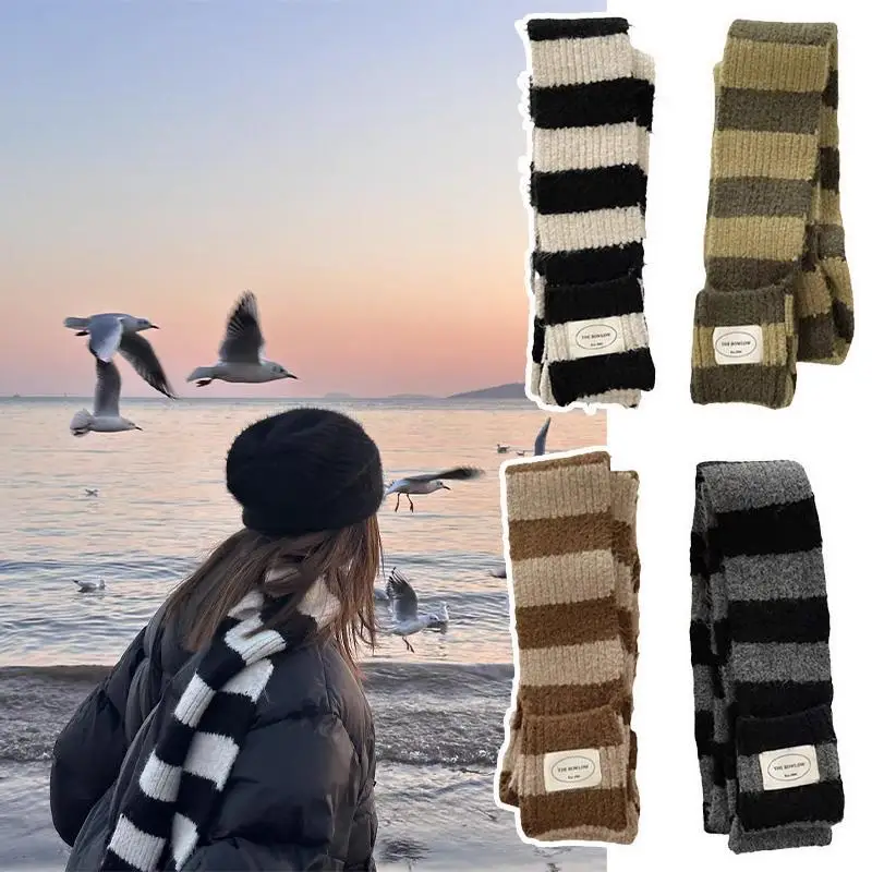 Korean Style Striped Cool Scarf Y2K Autumn Winter Imitation Cashmere Long Scarves Women Fashion Soft Neck Warmer Neckerchief New