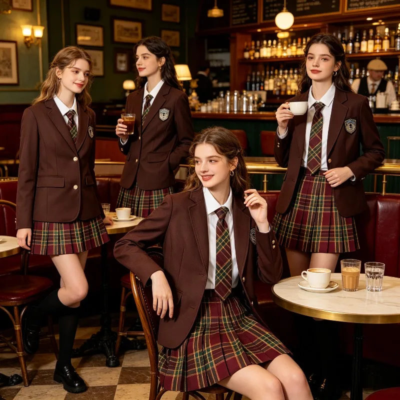 Autumn New Japanese JK Small Suit Jacket, College Style Two Button Basic Suit, Paired with Plaid Pleated Skirt Full Set Uniform