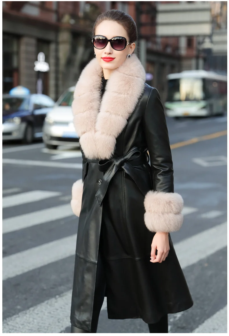 2023 New Genuine Leather Jacket Women Fox Fur Collar Long Sheepskin Coat Female Warm Winter Down Jackets Korean Femme