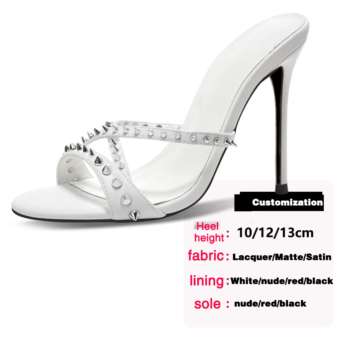 Pure White Women's Pointed-Toe Mules Silver Studs Plus Size 35-46 Sandals 10 12 13cm Ultra-Stiletto Heel Fashion Slippers