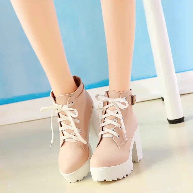 Autumn Shoes Boots Boots Women Round Toe Buckle Shoes Women High Heel Fashion Plus Size Square Heels Lacing 3 Colors