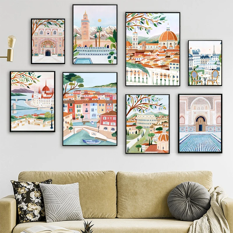 Nordic Travel City Wall Art Posters Italian Paris Rome Landscape Canvas Painting Living Room Corridor Hanging Paint Home Decor