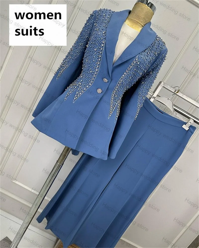 Traje de boda de lujo para mujer, conjunto de Blazer y pantalones de pierna ancha, abrigo azul de cristal, vestido Formal de graduación, traje hecho a medida, 2 piezas