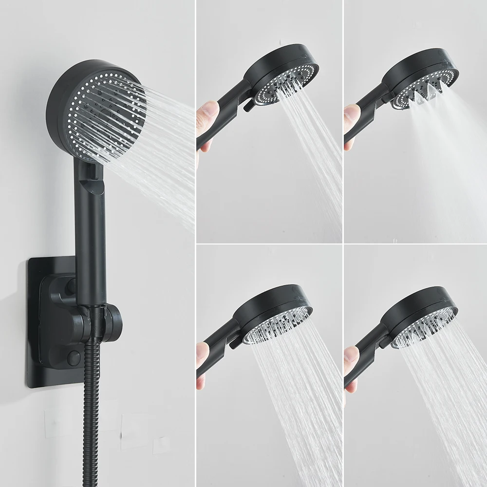 

Black Water Saving Shower Head 5 Modes Adjustable High Pressure Shower Handheld Head Handshower Head Plastic Bracket 150cm Hose