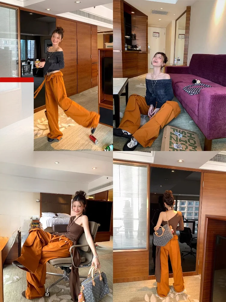 

DULA Good Home West Coast Walk American Dstring Work Pants Women's Autumn Wide Leg Floor-Length Trousers Casual Pants