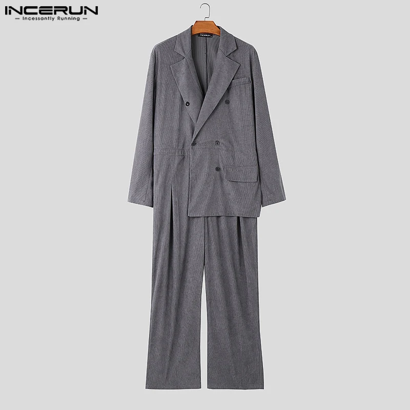 INCERUN 2024 American Style Fashion Jumpsuits New Men Double Breasted Corduroy Silhouette Long Sleeved Suit Collar Rompers S-5XL