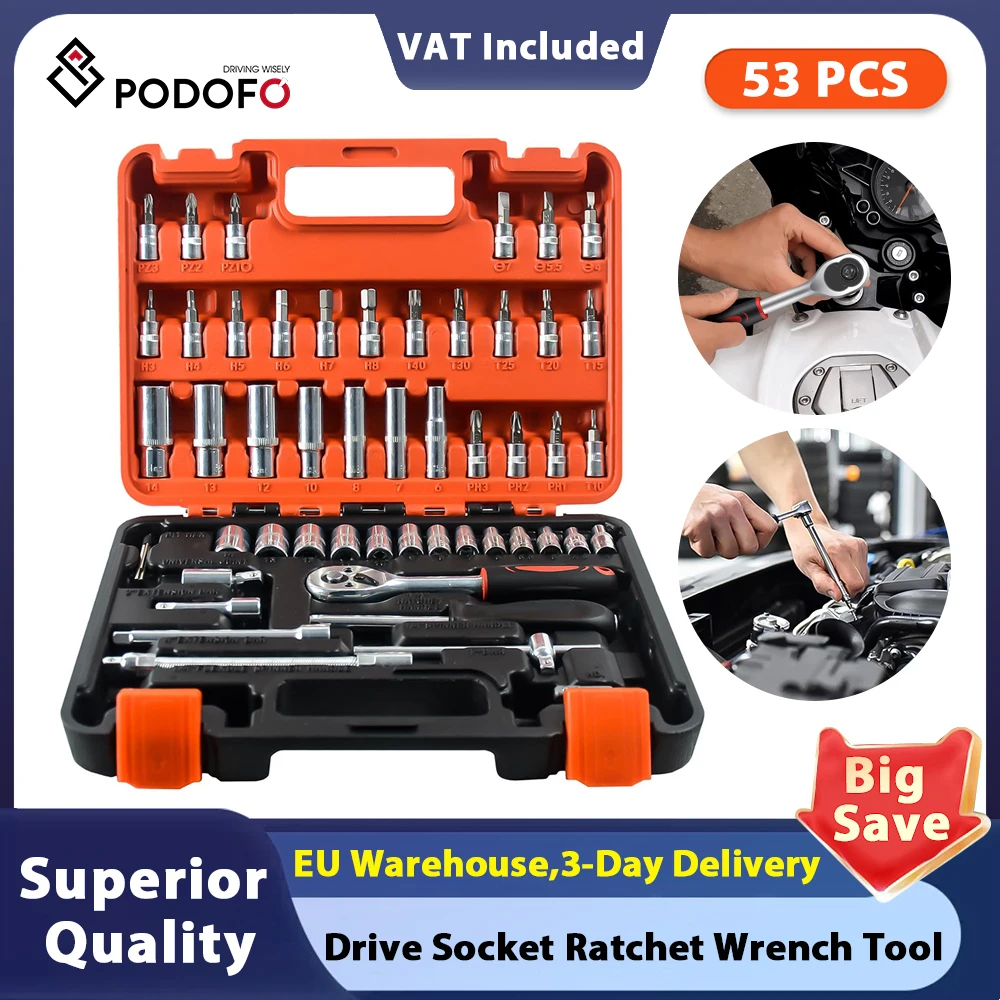 Podofo 53 pièces 1/4 pouces clé à cliquet à douille ensemble d'outils avec jeu de douilles à embout métrique et barre d'extension pour la réparation automobile