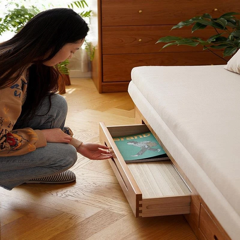 Cherry wood sitting and lying dual-purpose, sofa bed all solid wood pull-out type, small apartment storage technology cloth
