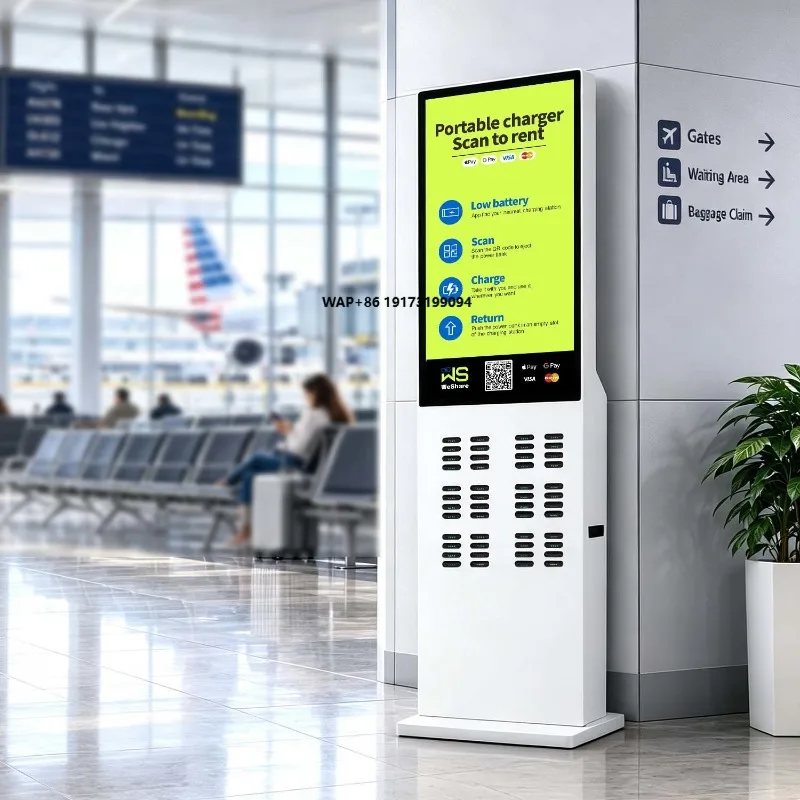48 Slots Floor Standing Shared Power Bank Rental Station 43-inch LCD Advertising Screen Self Service 15W Portable Charger Kiosk