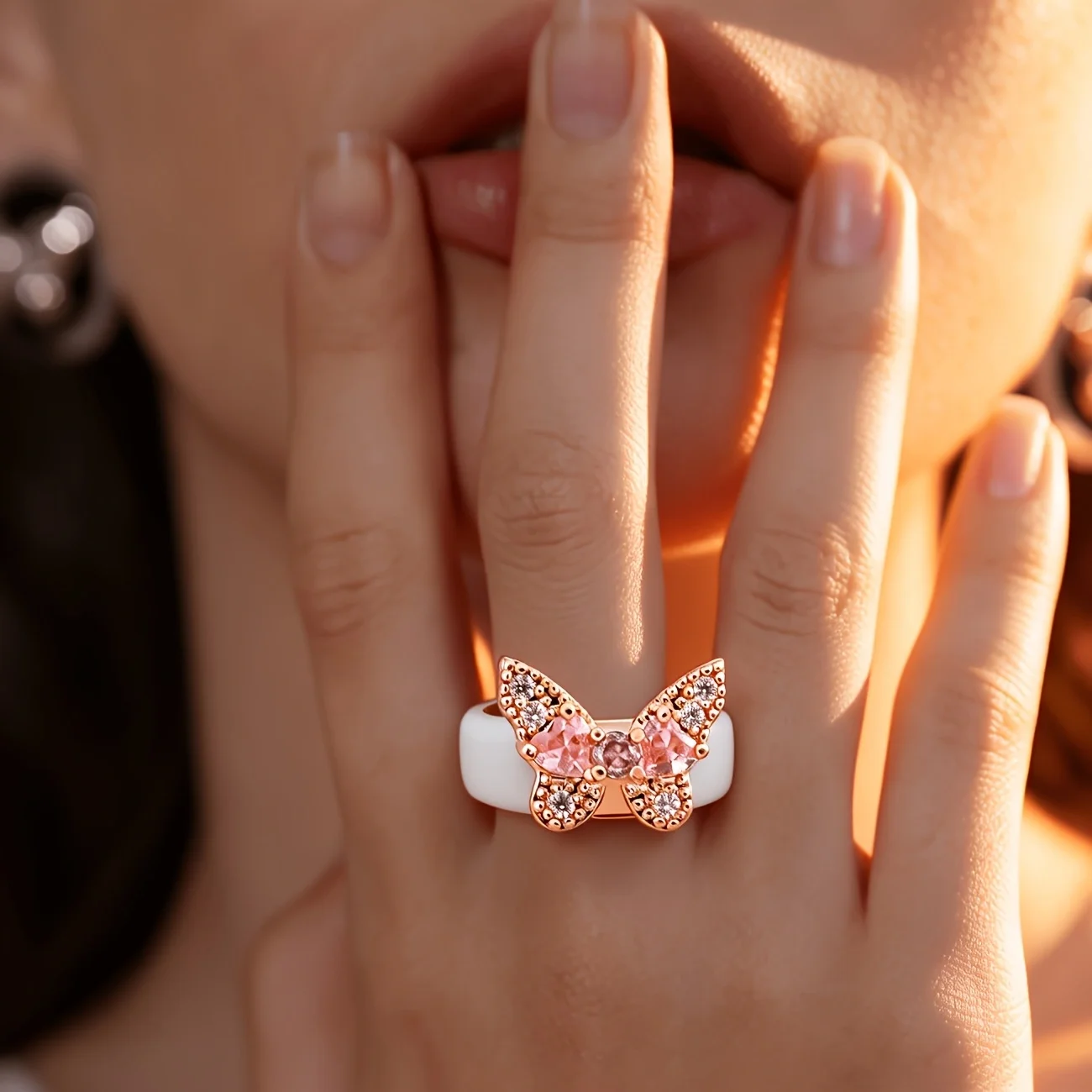Cute Butterfly Pink CZ White Silicone Ring, Dainty Stackable Comfortable Band for Teen Girls，Comfort Fit Jewelry for Her