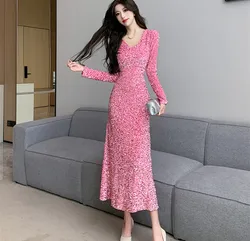 High Quality Autumn Winter Pink Sequin Velvet Evening Long Dress Elegant Women V Neck Shining Slim Prom Party Mermaid Vestidos