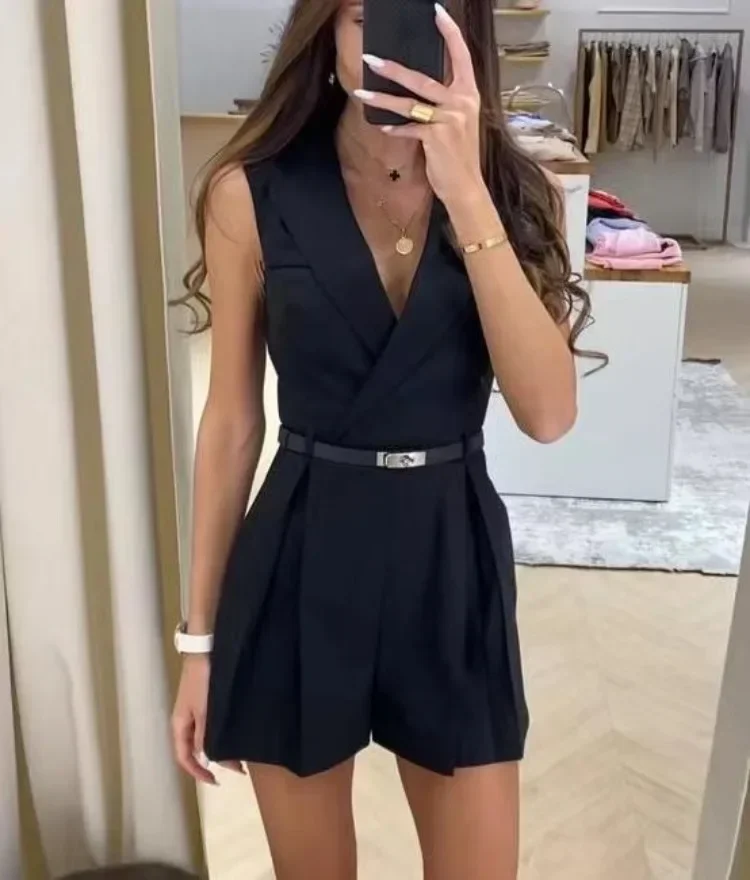 2024 Summer Elegant Women\'s Jumpsuit With Belt Fashion Sleeveless Turndown Collar Slim Short Jumpsuits Female Sping Lady Romper