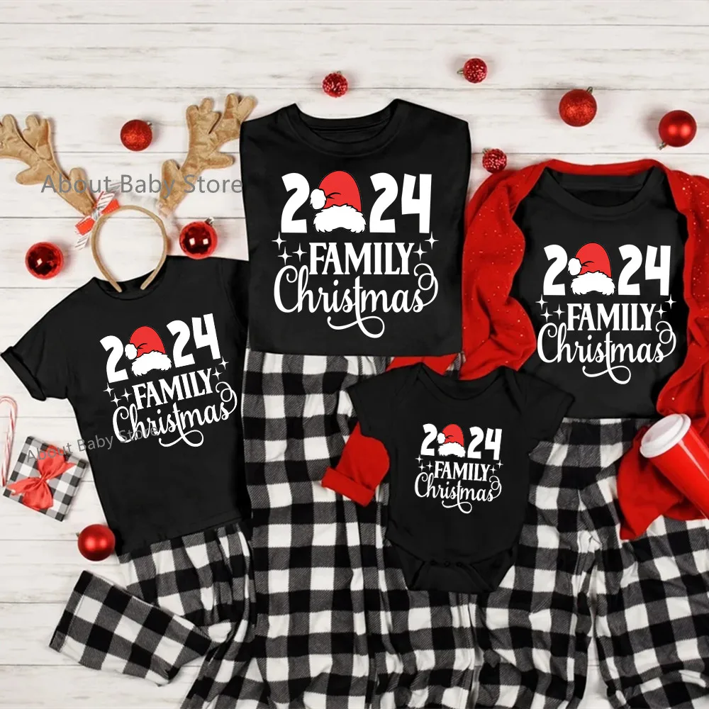 2024 Family Christmas Shirts Cotton Family Matching Outfits Dad Mom Kids Tshirts Baby Rompers Matching Pajamas Xmas Clothes Gift