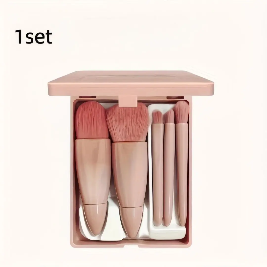 Mini Makeup Brush Set with Mirror, 5Pcs Soft Bristle Cosmetic Brushes, Portable Pink Beauty Tool for Blush Eyeshadow Foundation