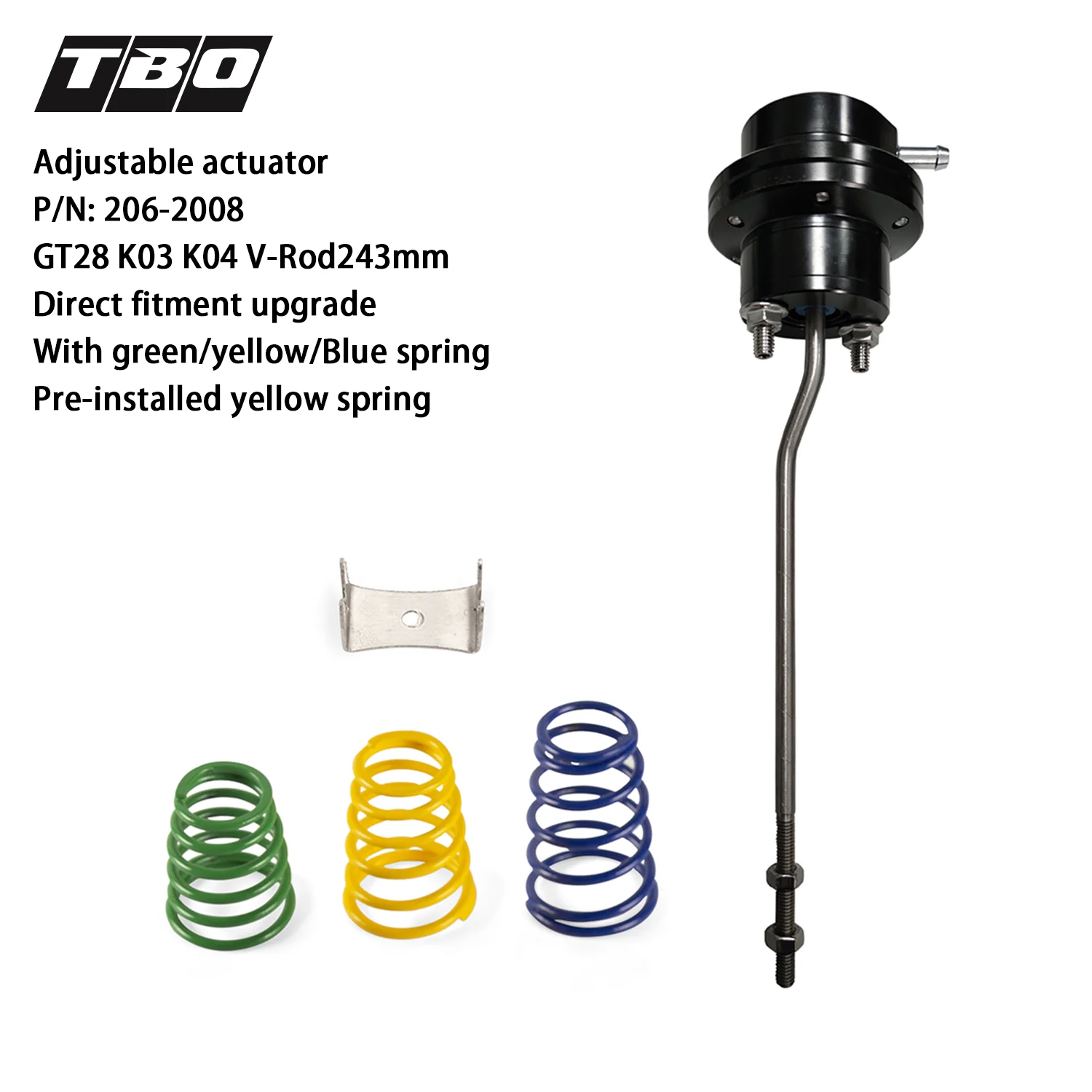 

Turbo Wastegate Adjustable Actuator V-Rod243mm For GT28 K03 K04 Turbo Direct Fitment With Green/Yellow/Blue Spring