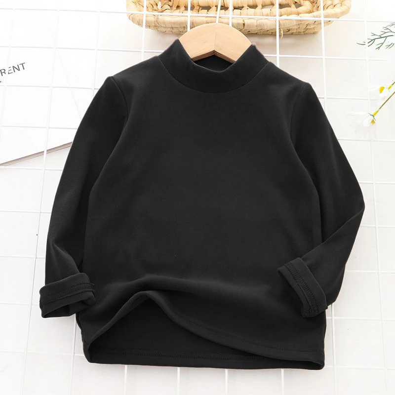 Girls T-shirt Solid Thermal Underwear Long Sleeve Casual Autumn Winter High Collar Thin Velvet Heating Tops 6 8 10 12 Years