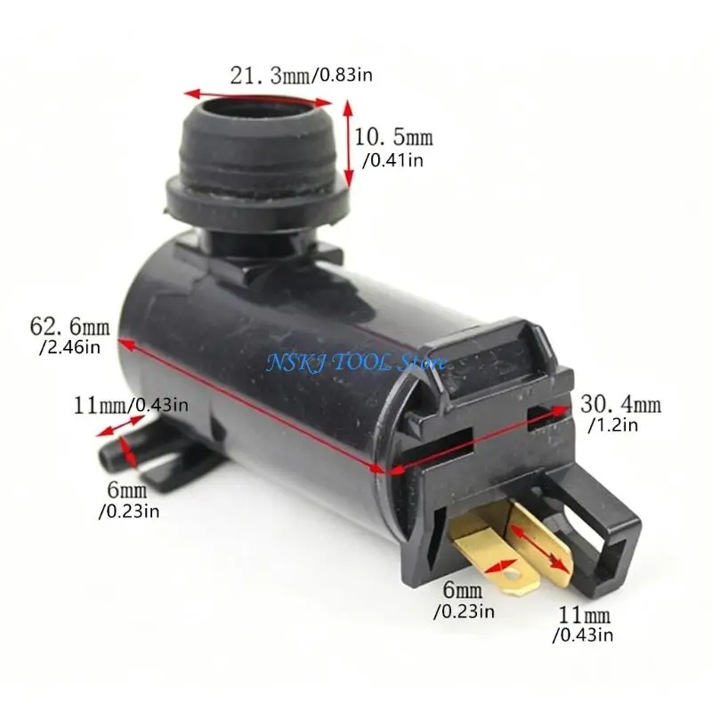 L8RC Windshield Cleaning Motor for Front Washer Service, Black ABS Housing with 2 Blade Contacts and 5 mm Outlet Port