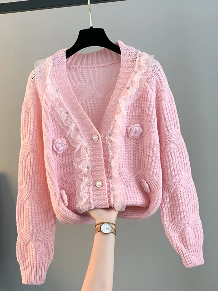 

Women's Knitted Open Cardigan Sweater with Me Splicing Lace Long Sve V-Ne Warm Fing Winter Outerwear Top