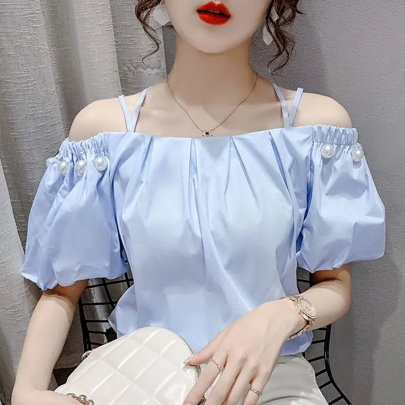 

2026 Summer Women's Lantern Sleeve Chiffon Blouse Loose Elegant One Shoulder Top with Spaghetti Strap Versatile High End Style