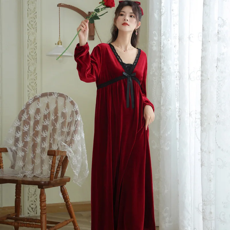 Winter Pleuche Velvet Vintage Nightgowns Women Warm Long Sleeve Velour Robe Victorian Night Dress Nightwear Princess Sleepwear