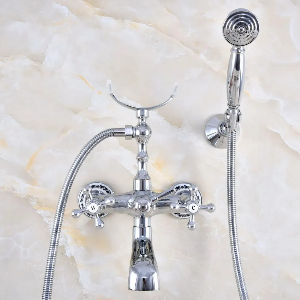 Chrome Brass Double Handle Wall Mounted Bathroom Tub Faucet Set with 150CM Hand Held Shower Spray Mixer Tap 2na717