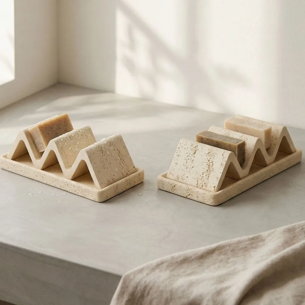 Retro Japanese Style Soap Dish Wave Shaped Minimalist Soap Holder with Drainage Sandstone Soap Storage Box Bathroom Use