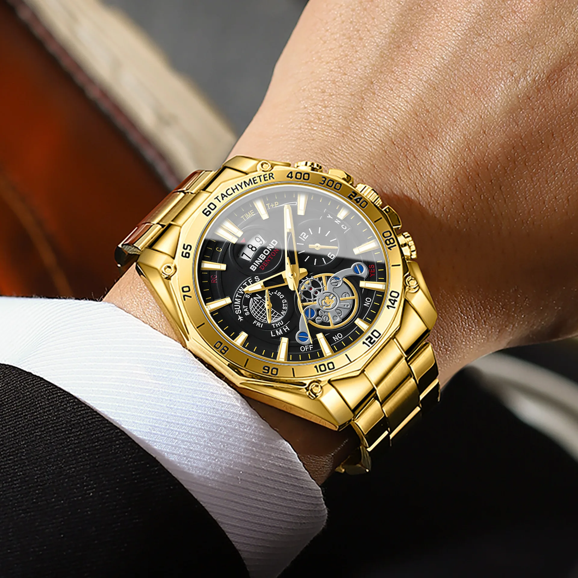 Men's Steel Band Watch, Luminous Wristwatch, Multi-function 3 Eyes 6 Hands Quartz Watch for Business Casual Daily Wear