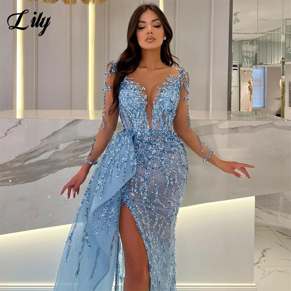 Lily Sky Blue Sexy V-Neck Evening Dress Transparent Lace Sequin Party Dress for Wedding Satin Side Slit Ball Gown فساتين السهرة