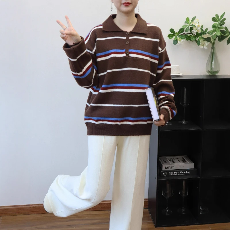 

Women Striped Sweaters Turn Down Collar Long Sleeve Thick Knit Pullovers Spliced Jumpers Casual Streetwear Slight Strech