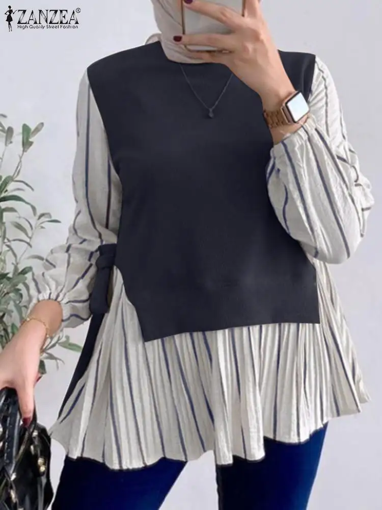 ZANZEA Muslim Islamic Casual Blouses Holiday Stylish Ribbed Fake Two-Piece Long Sleeve Blusas Women Striped Patchwork Tunic Tops