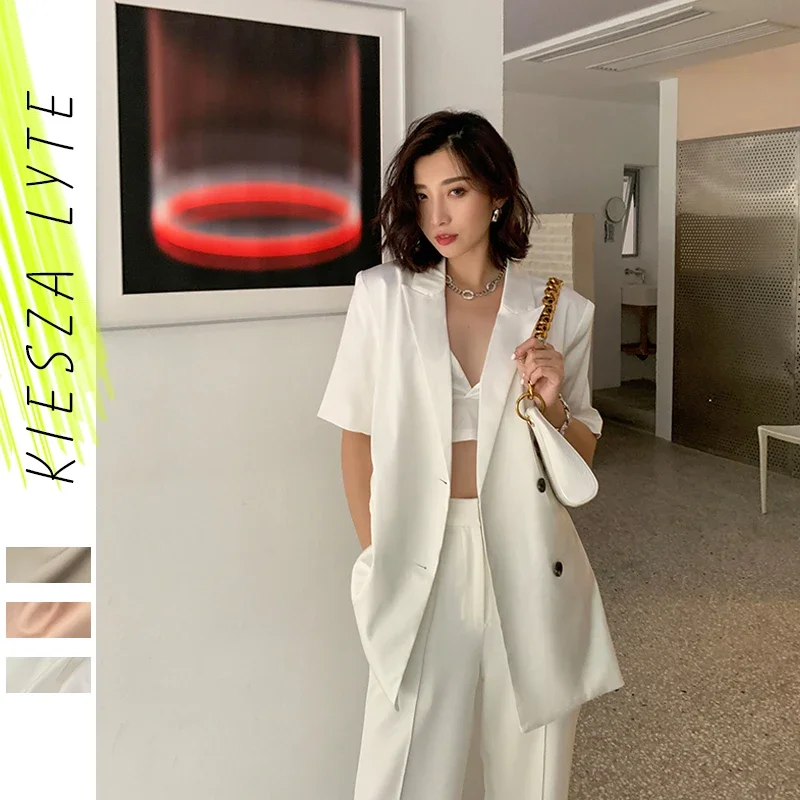 Satin blazer for women summer 2024 casual minimalist ladies short sleeves suit jackets office lady blazers thin coats outerwear