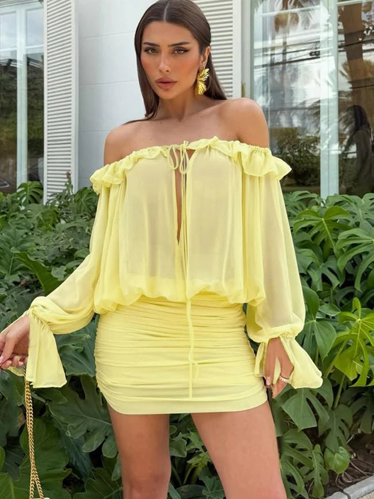 Oniflyme Flare Sleeve Off Shoulder Mini Dress Women Sexy Ruffles Slash Neck Hollow Out Backless Bodycon Robes Slim Party Dresses