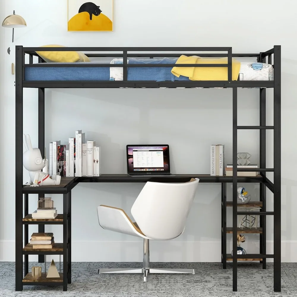 Dormitory Beds, Full Size Loft Bed with Desk and Storage Shelves, Heavy Duty Loft Bed Full Size with L-Shaped Desk and Ladder