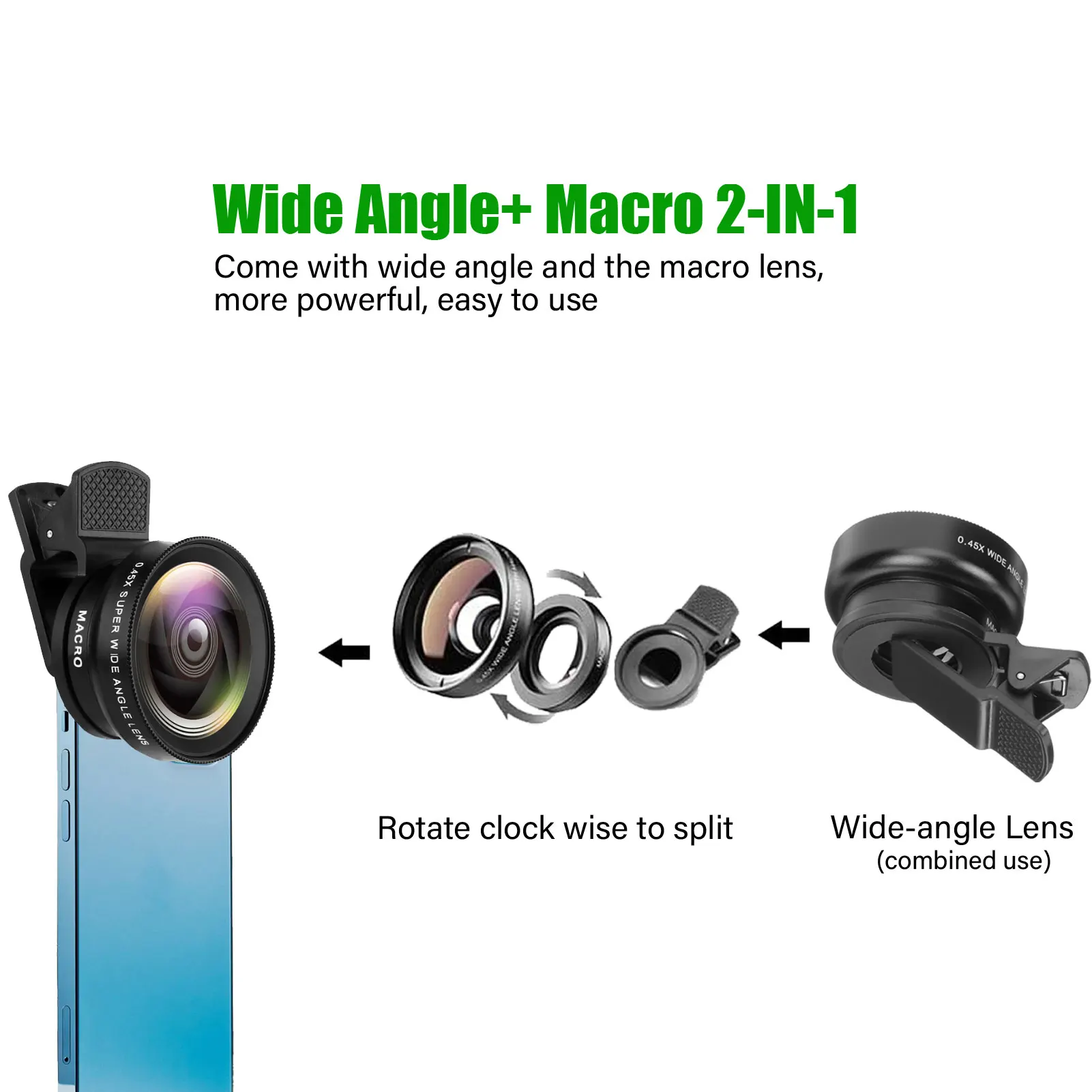 Kit Lenti per Fotocamera Smartphone 2 in 1 HD: Obiettivo Grandangolare Super 0.45x e Macro 12.5x per iPhone 17 X Samsung Xiaomi