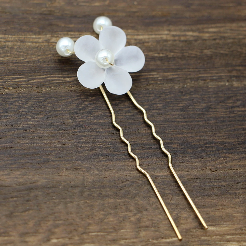 

6pcs White Pearl Pins U Shape Hair Chopsticks Flower Design Sturdy Hair Accessories For Women Girls Bridal Wedding Party