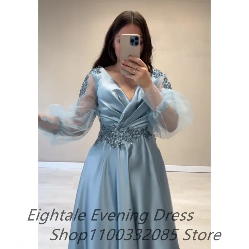 A Line Puffy Sleeve V Neck Evening Dresses For Wedding Party 2022 Satin Dubai Beaded Formal Prom Dress Arabic Party Gown