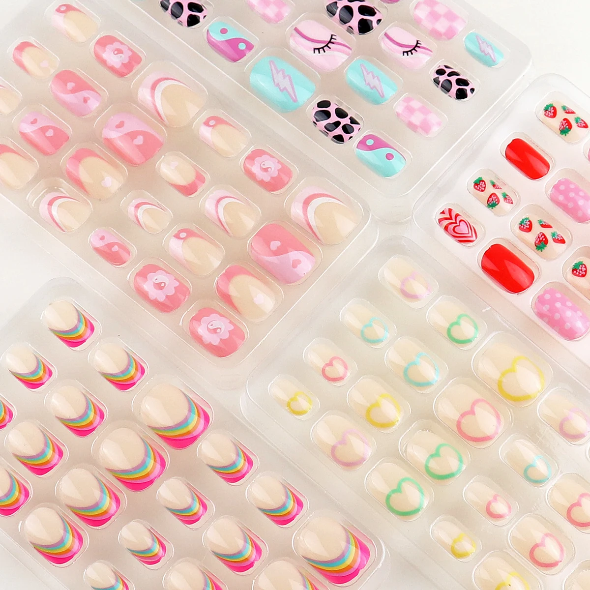 24 Pcs Rainbow Kids Press on Nails Pre-glue Children Heart Pattern False Nail Art Tips Short Full Cover Fake Nails for Girl