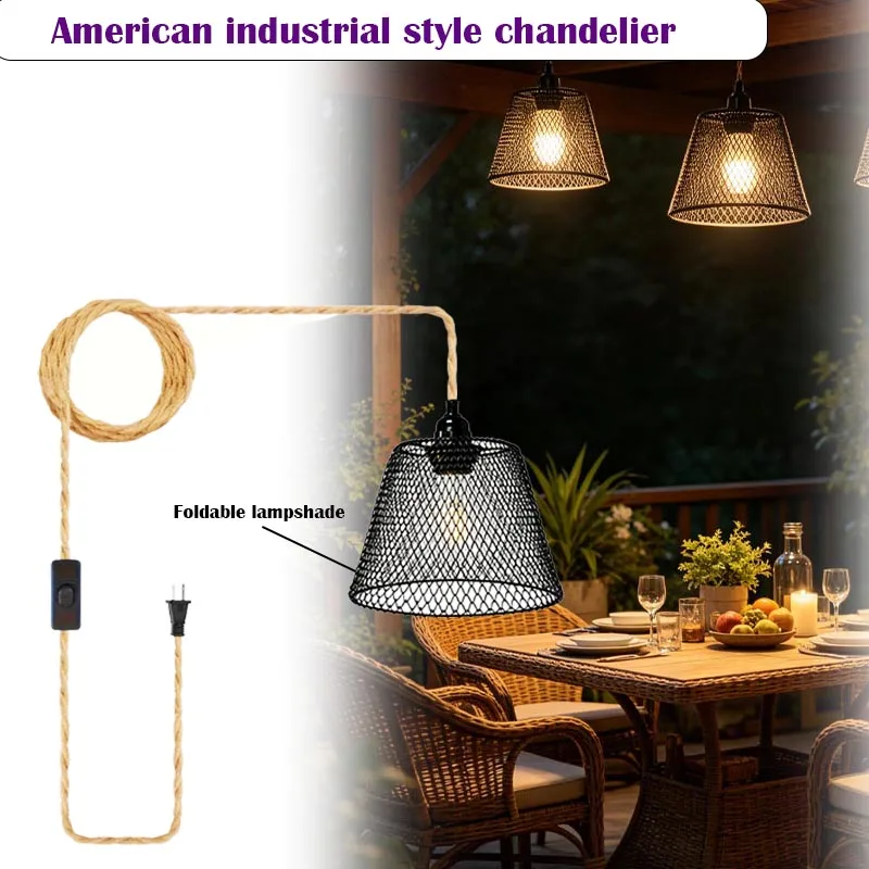 450cm/180cm pure hand woven hemp rope pendant light with no punching and plug-in, equipped with switch, black diamond mesh cover