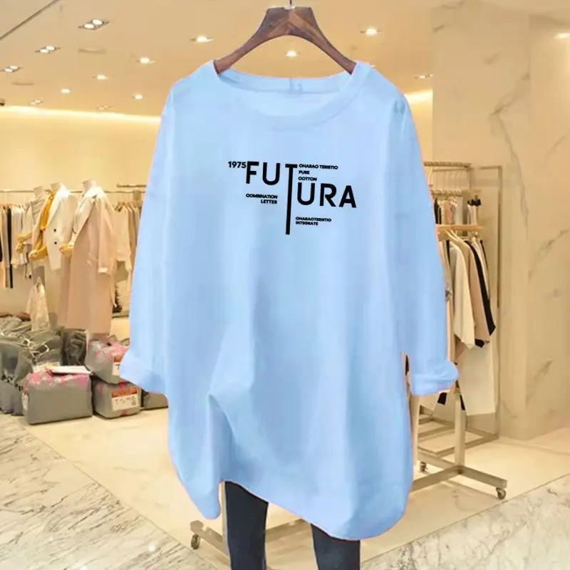 Women Clothing Fashion Pure Cotton O-neck Long Sleeve T-shirts Spring Autumn New Chic Letter Print Top Tee Office Lady Pullovers