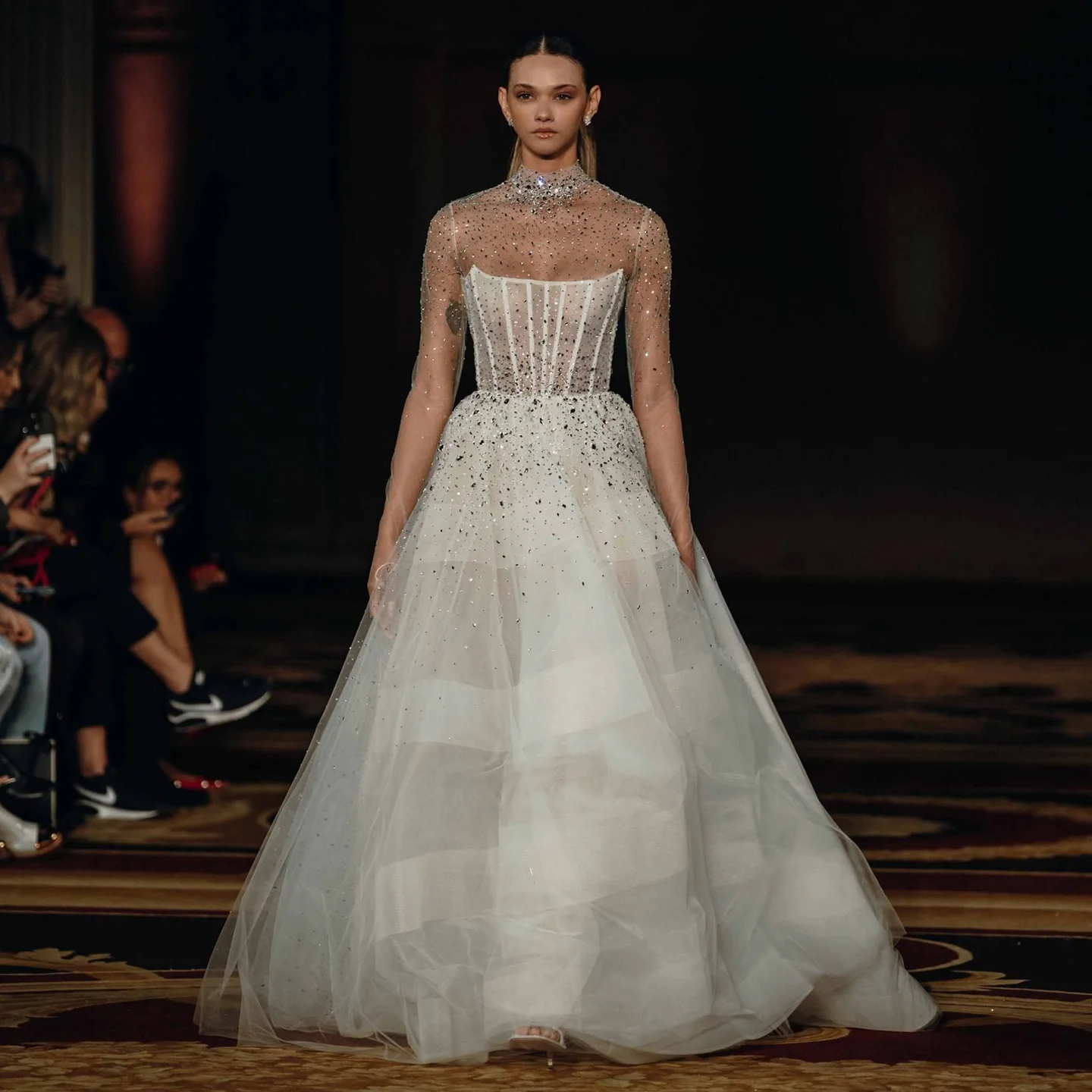 

Sharon Said 2025 Elegant Sparkling Tulle Off White Wedding Dress With High Neck Corset Long Sleeve Bride Gowns SW133 Customized