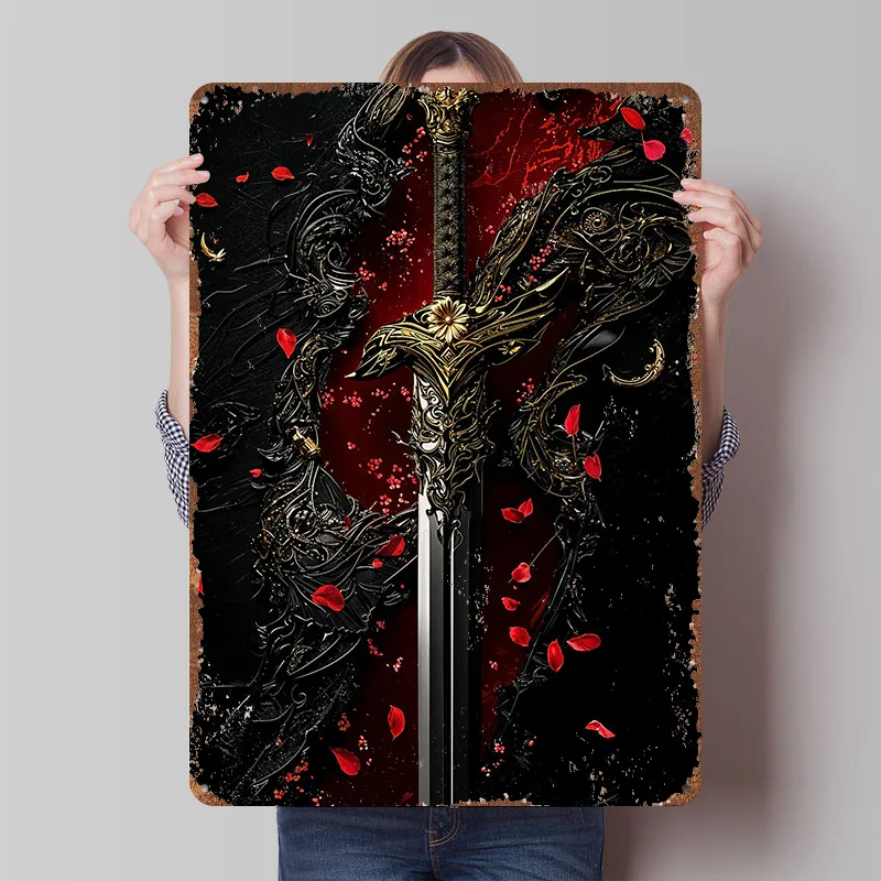 

Декоративный постер с изображением украшенного мечом цветка с красными лепестками, индивидуальный ретро-постер, винтажные металлические таблички для декора дома и рабочего стола