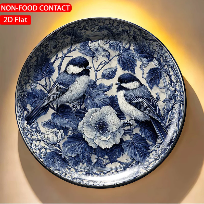 1pc FORJN Ceramic Decorative Plate - Round for Blue Bird Floral Plate Suitable for Non-Food Contact Use, Elegant Wall/Table