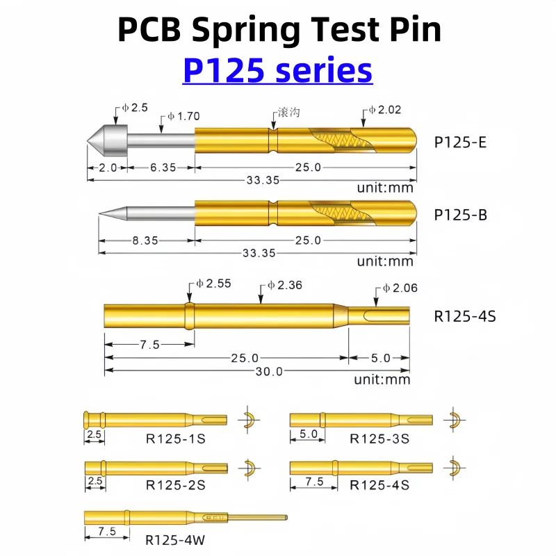 P125 Series Nickel Plated Brass Spring Test Probe Test Pin Pogo Pin Electric Needle PCB Test Tool P125-B P125-B1 33.35mm 2.02mm