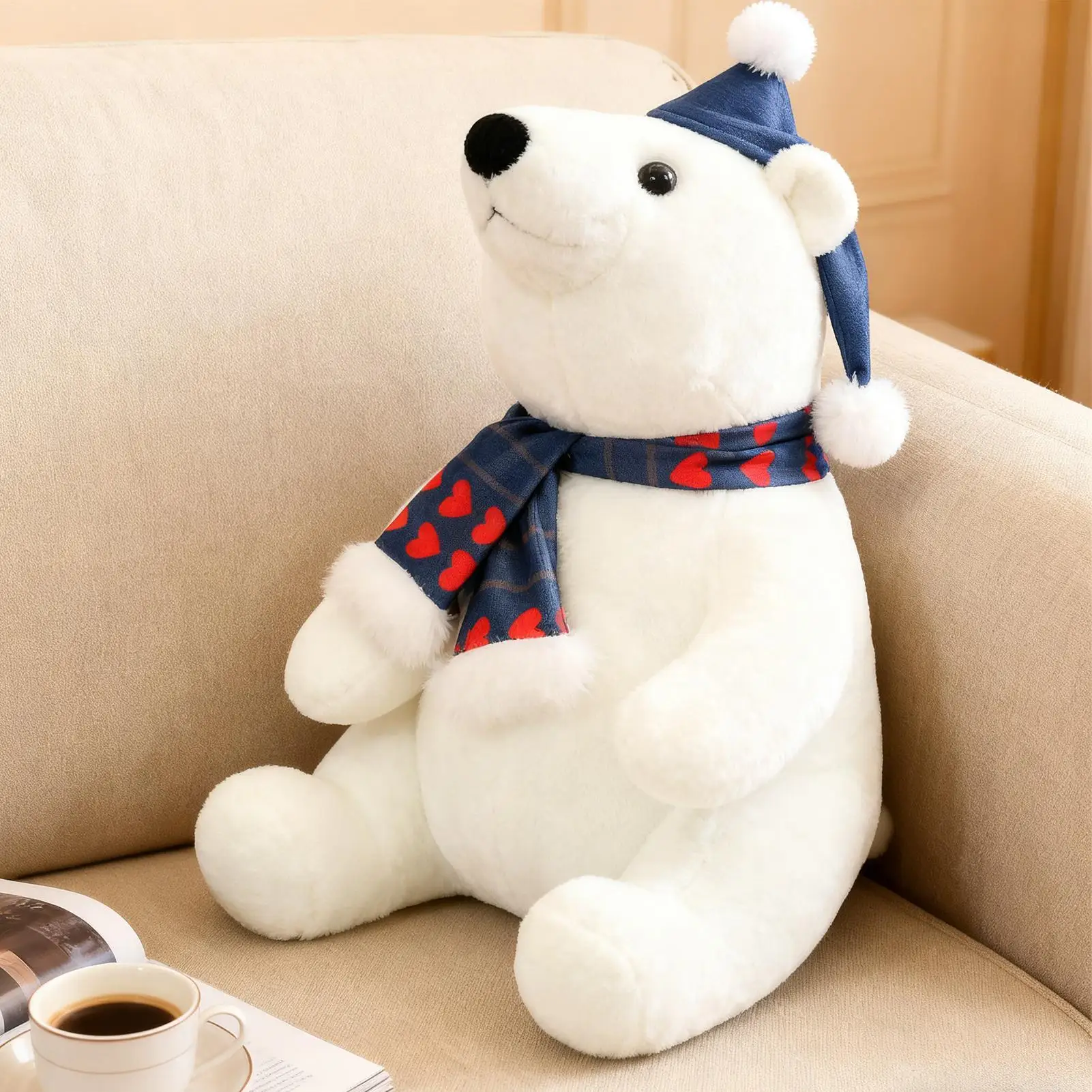

Polar Bear Stuffed Animal Cute Christmas Plush Toy Polar Bear Wearing Scarf Soft Doll for Kids Girls Sofa Bedside Living Room