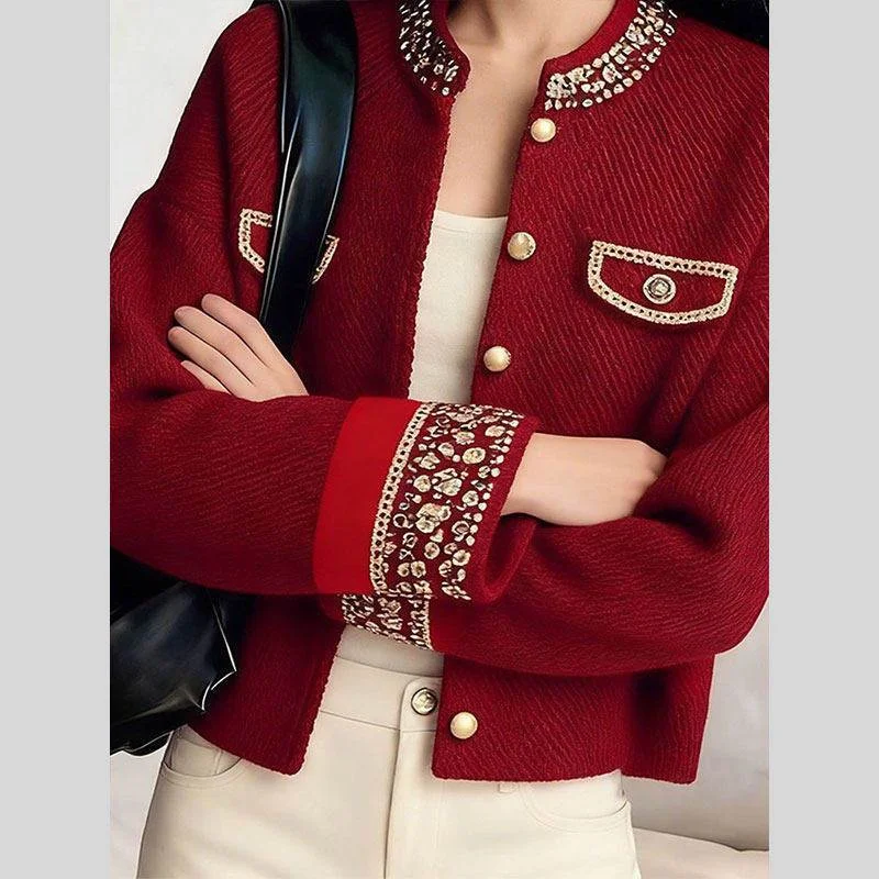 Spring Autumn New 2026 Women Coat Elegant High-end Good-looking Red Small Fragrant Style Jacket Round Neck Short Top Outerwear